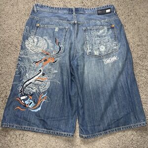 Vintage Ecko Unlimited Embroidered Denim Shorts With Koi Fish Design Sz 40 Baggy